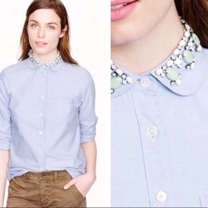 J. Crew Blue Jeweled Peter Pan Collar Oxford Dress Shirt Blouse